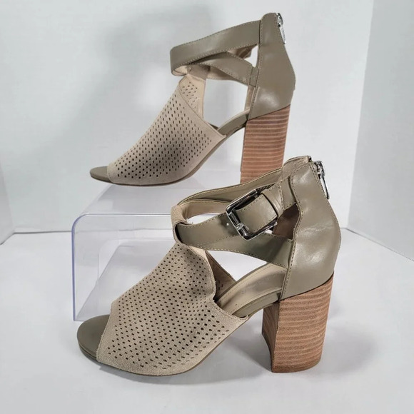 MARC FISHER Women's 8 Tan Stacked Chunky Heel Open Toe Ankle Strap Booties Boho - Picture 2 of 12